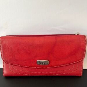 Fossil Red Leather Wallet – Flap Style with Zip Pocket